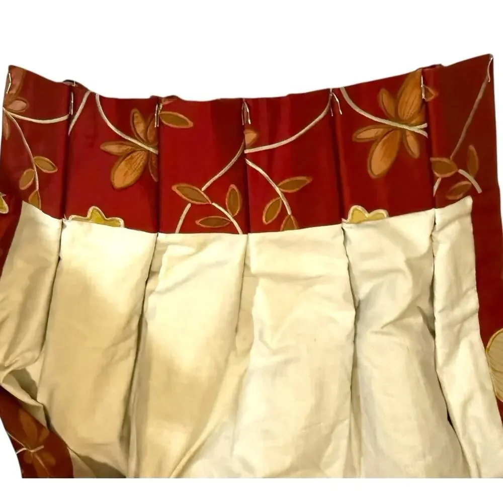 2 -Silk Taffeta Embroidered Floral Red Yellow Lined Drapery Curtain Panels 24x98